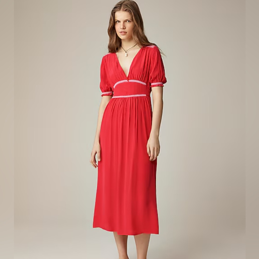 NWT J. Crew Red Smocked-trim midi dress in crepe de chine size 8